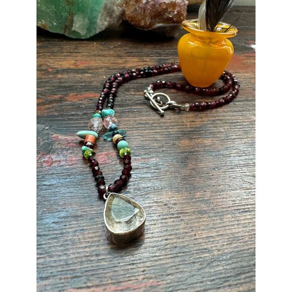 Golden Rutile Quartz Pendant Garnet Turquoise Coral Black Spinel Beaded Neckace - Picture 4 of 8